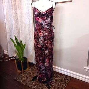 Adrianna Papell Velvet Burnout Cowlneck Jumpsuit Brown Floral NWT Size 12